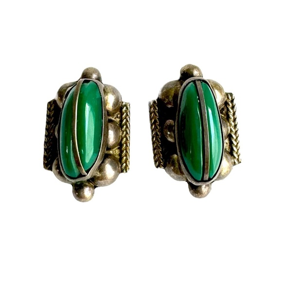 Vintage Green Onyx Earrings Sterling Silver Screw Back 925 Alpaca Mexico Signed - Picture 1 of 9